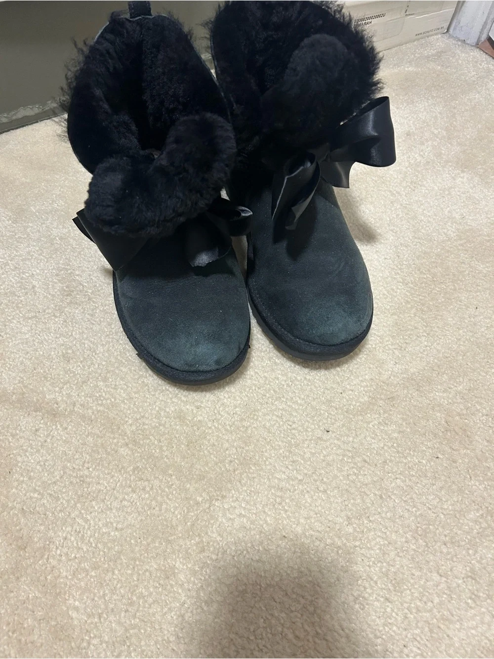 UGG Black Suede Ankle Boots with Faux Fur Cuff & Satin Bow